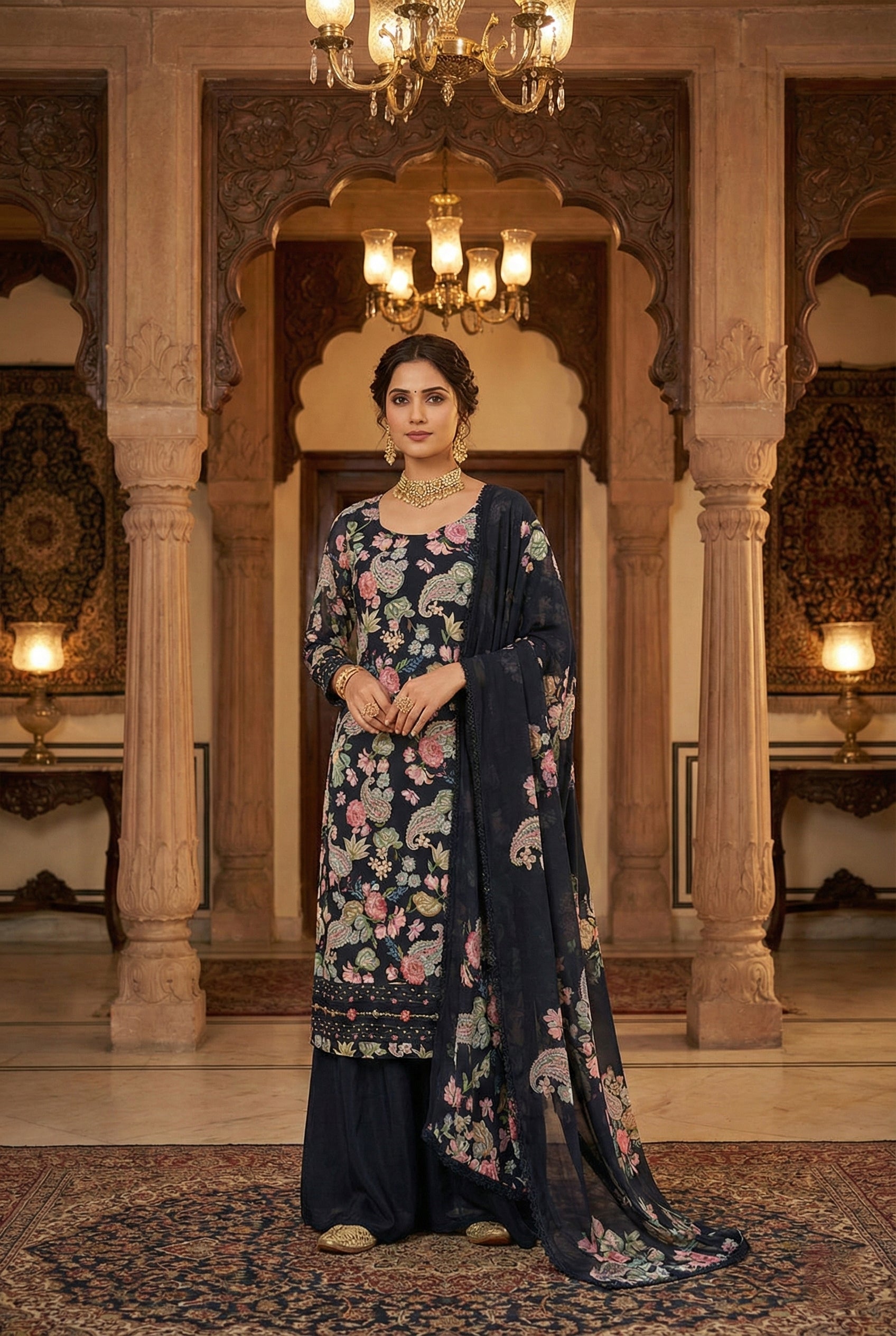Digital Pashmina Suit – Floral Embroidery & Stylish Dupatta