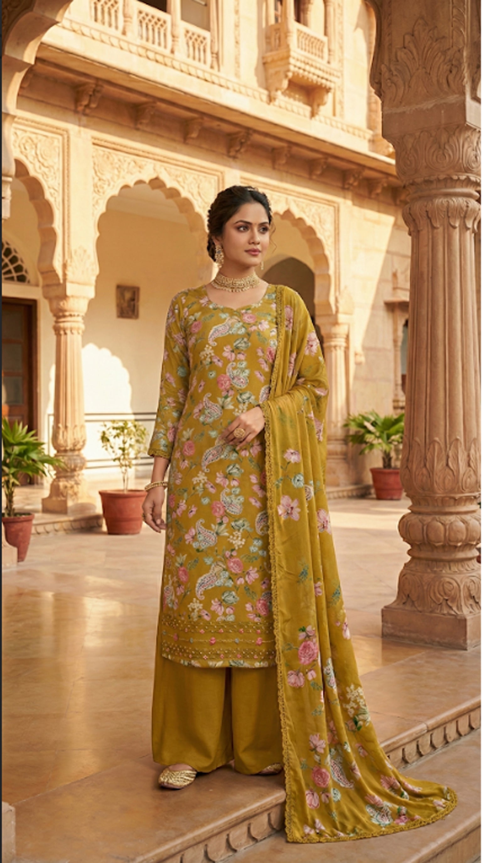 Digital Pashmina Suit – Mustard Yellow with Floral Prints & Embellished Dupatta