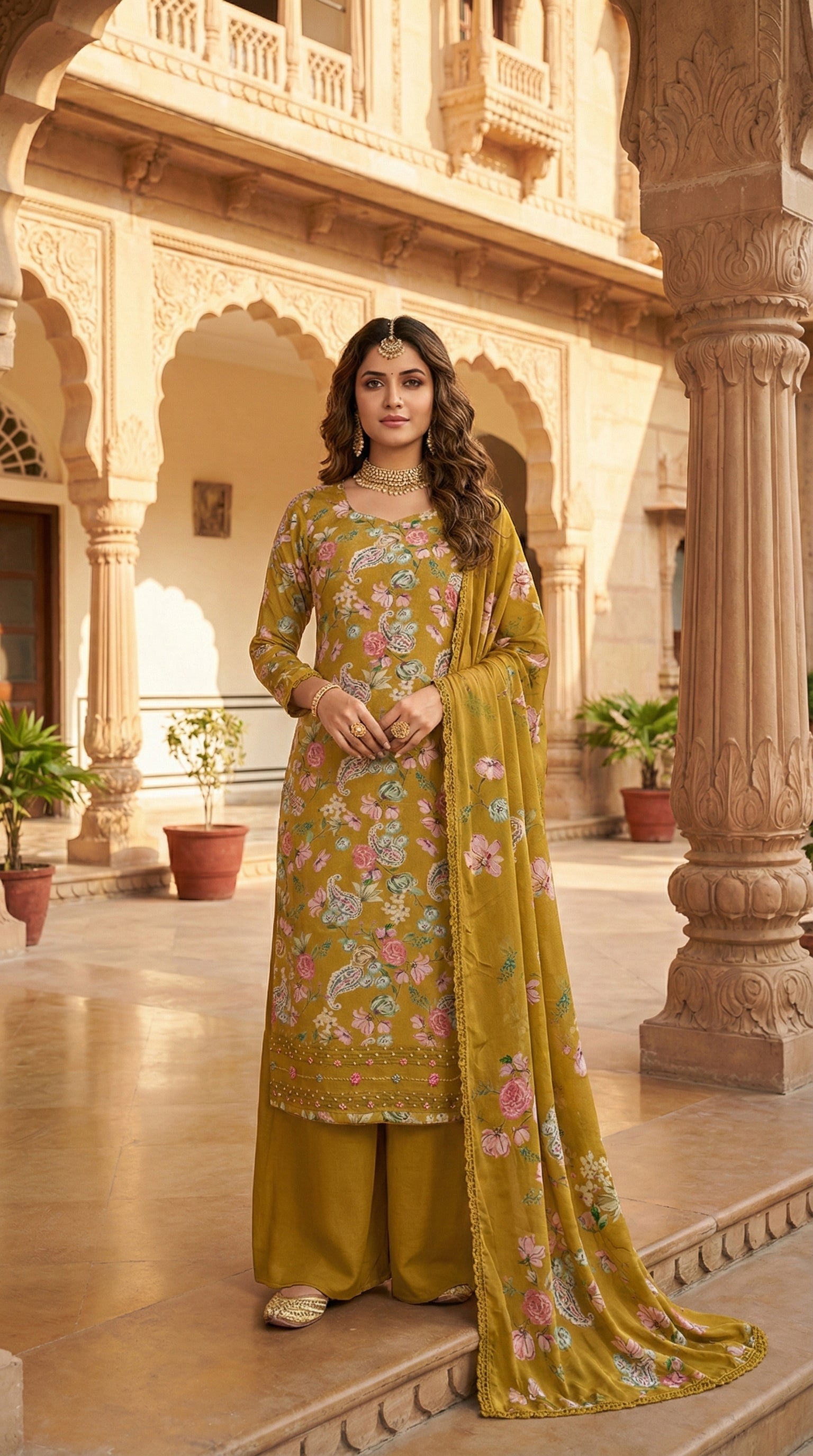 Digital Pashmina Suit – Mustard Yellow with Floral Prints & Embellished Dupatta