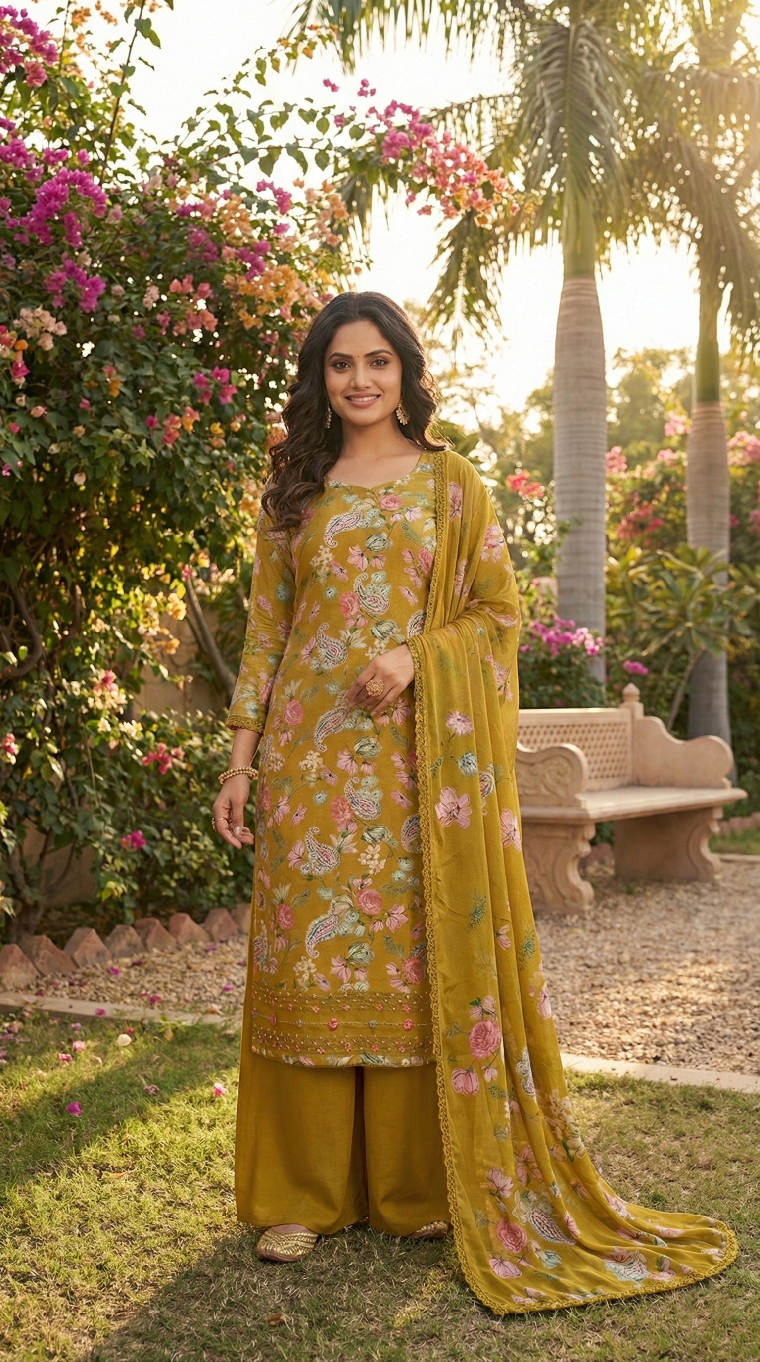 Digital Pashmina Suit – Mustard Yellow with Floral Prints & Embellished Dupatta