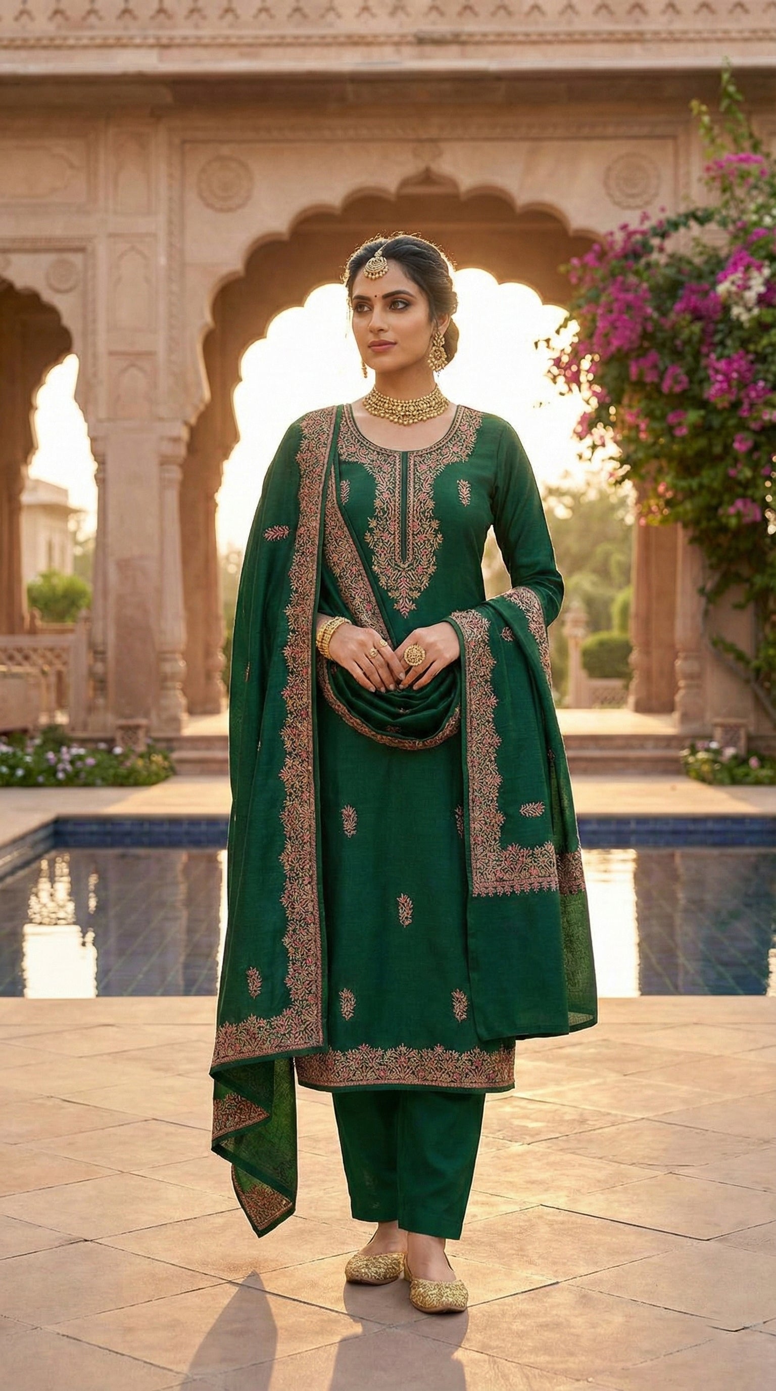Green Pashmina Suit with Detailed Floral Embroidery—Beautiful Traditional Clothing