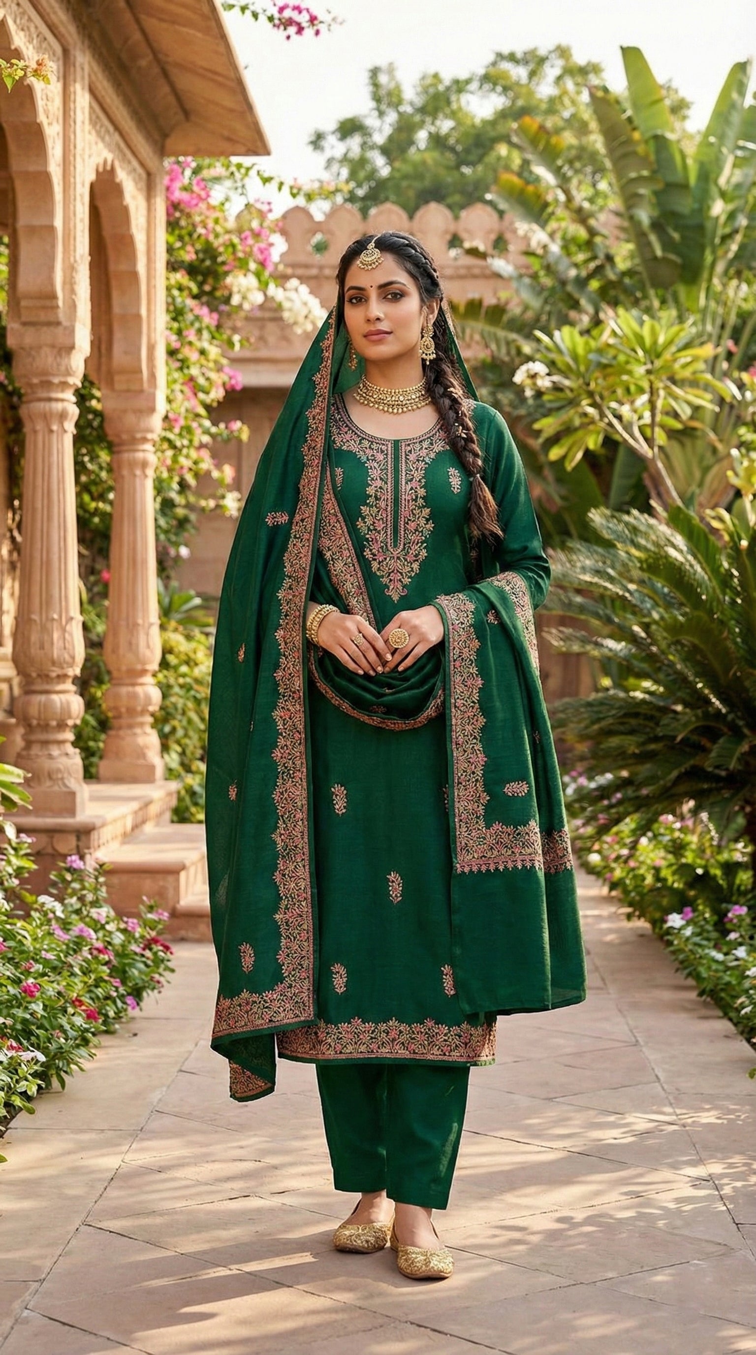 Green Pashmina Suit with Detailed Floral Embroidery—Beautiful Traditional Clothing