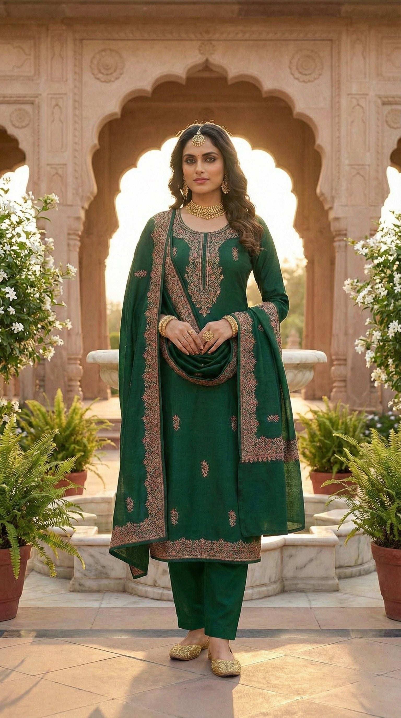 Green Pashmina Suit with Detailed Floral Embroidery—Beautiful Traditional Clothing